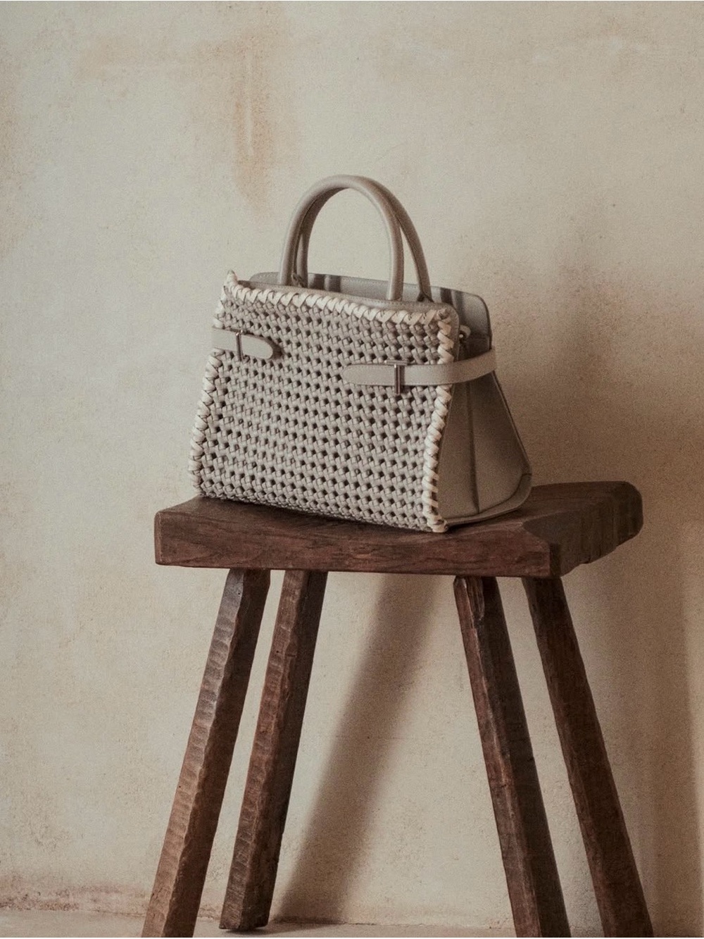 Woven Top-Handle Satchel in Light Gray and Cream
